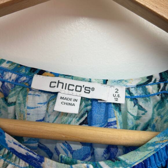 Chico's Blue White Shell Print Button Up Puff Sleeve Top Blouse 12 Summer - Picture 6 of 7